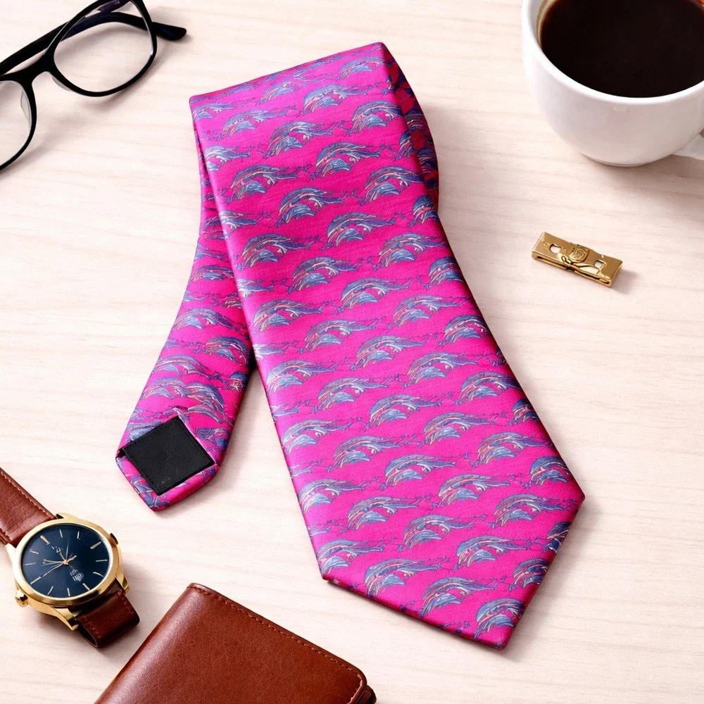 Brooks Brothers Necktie Men OS Pink‎ Dolphin Animal Print Silk USA Preepy Resort